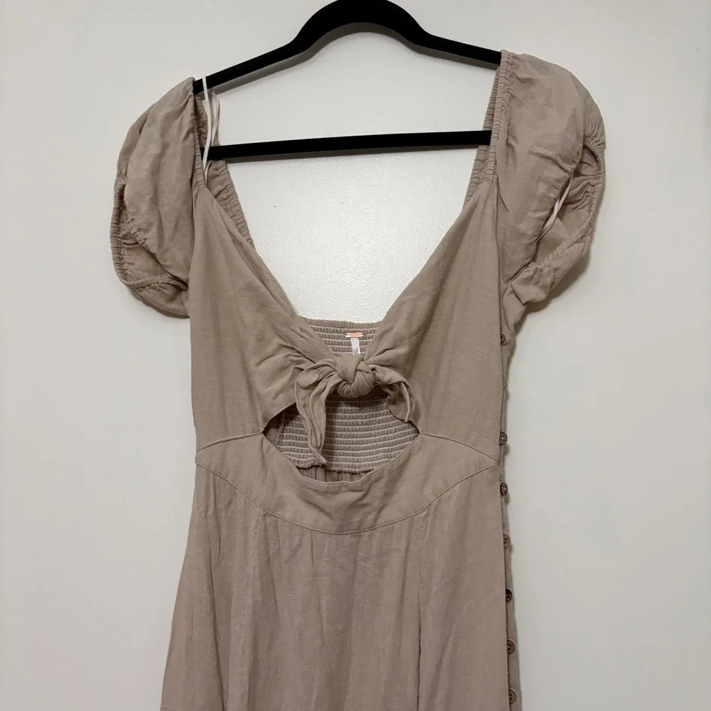 Free People Tan Tie Front Cutout Puff Sleeve Midi Dress Womens‎ XS